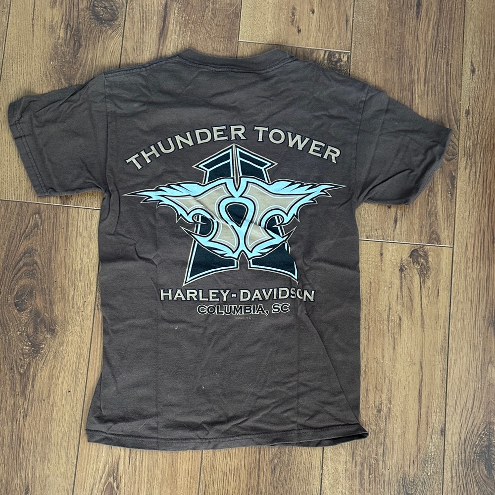 Harley-Davidson Black Tee with Light Blue and Cream Thunder Tower Graphic
